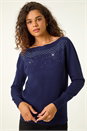Midnight Blue Embellished Boat Neck Jumper, Image 4 of 5