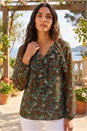 Green Floral Mesh Print Gathered Top, Image 2 of 4