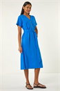 Royal Blue Button Linen Blend Midi Dress, Image 2 of 5