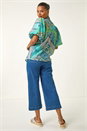 Blue Patchwork Print Tie Front Blouse , Image 3 of 5