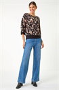 Black Abstract Banded Hem Stretch Top, Image 2 of 5
