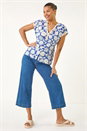 Blue Floral Print Lace Trim Top, Image 2 of 5