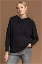 Black Ribbed Knit Drawcord Hoodie, Image 3 of 4