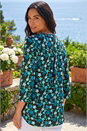 Teal Abstract V-Neck Stretch Top, Image 2 of 4