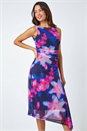 Navy Floral Mesh Asymmetric Stretch Bodycon Dress, Image 1 of 5