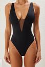 Black Plunge Mesh Panel Detail High Leg Swimsuit, Image 2 of 5