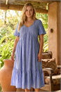 Blue Curve Stripe Print V-Neck Midi Dress, Image 2 of 4