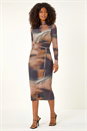 Rust Dusk Abstract Plisse Stretch Mesh Midi Dress, Image 2 of 7