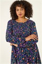 Navy  Curve Floral Print Shirred Midi Dress, Image 4 of 5