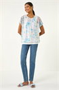 Blue Floral Print Bubble Hem Top, Image 2 of 5
