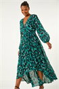 Teal Abstract Print Wrap Front Pleated Maxi Dress, Image 4 of 5