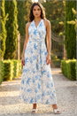Light Blue  Floral Swirl Halter Neck Dress, Image 2 of 4