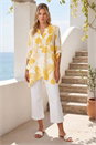 Yellow Palm Print V-Neck Wrap Hem Tunic Top, Image 2 of 4
