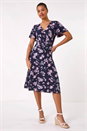 Navy  Floral Print Wrap Over Midi Dress, Image 2 of 5