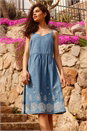 Denim Sleeveless Cotton Embroidered Midi Dress, Image 1 of 5
