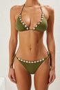 Khaki WOVCOR Khaki Accessory Detail Triangle Bikini Set with Tie Side, Image 2 of 4