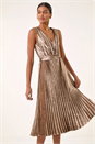 Gold Metallic Pleat Belted Midi Dress, Image 3 of 6