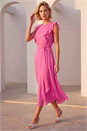 Pink Chiffon Frill Front Midi Dress, Image 1 of 4