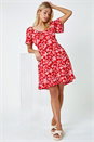 Red Dusk Floral Print Frill Hem Mini Dress, Image 1 of 5