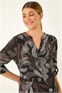 Brown Abstract Puff Print Stretch Top, Image 4 of 5