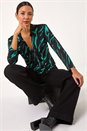 Teal Abstract Linear Print Stretch Blouse, Image 4 of 5