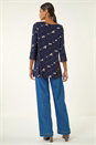Navy  Printed Lace Cuff Stretch Top, Image 3 of 5