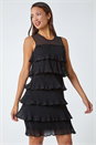 Black Sleeveless Pleated Tiered Chiffon Dress, Image 1 of 5