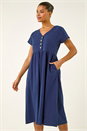 Navy  Linen Look Button Midi Dress, Image 3 of 4
