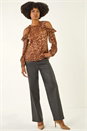 Tan Animal Print Plisse Ruffle Top, Image 2 of 5