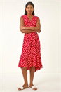 Red Floral Frill Buttoned Dress, Image 2 of 5