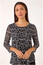 Black Linear Print Asymmetric Hem Stretch Top, Image 4 of 5