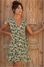 Green Dusk Leaf Print Wrap Stretch Dress , Image 1 of 4