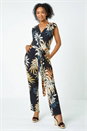 Black Petite Leaf Print Tie Waist Stretch Jumpsuit, Image 2 of 5