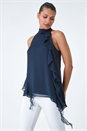 Navy Halter Neck Asymmetric Frill Detail Top, Image 1 of 5