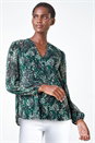 Green Animal Print Button Up Front V-Neck Blouse, Image 1 of 5