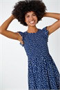 Navy  Frill Sleeve Spot Shirred Midi Dress, Image 5 of 5