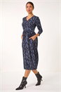 Blue Textured Wave Print V-Neck Midi Dress, Image 2 of 5