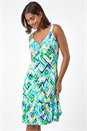 Blue Aztec Print Stretch Frill Hem Dress, Image 1 of 5