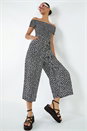 Black Polka Dot Shirred Stretch Bardot Jumpsuit, Image 1 of 5