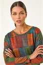 Red Patchwork Print Drop Shoulder Stretch Top, Image 4 of 5