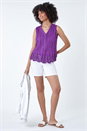 Purple Cotton Embroidered V-Neck Crinkle Blouse, Image 2 of 6