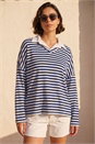 Navy Mock Shirt Stripe Top, Image 1 of 4