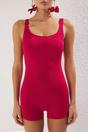 Cerise Square Neck Sleeveless Fitted Swimsuit with Stretch Fabric, Image 2 of 3