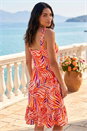 Red Abstract Print V-Neck Frill Dress, Image 2 of 4