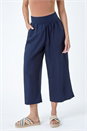 Navy  Elastic Waist Wide Leg Cotton Cropped Culottes, Image 4 of 5