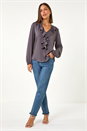 Grey Satin Ruffle Front V-Neck Top, Image 2 of 5
