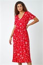 Red Floral Print Stretch Wrap Midi Dress, Image 1 of 5