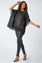Black Metallic Foil Print Chiffon Overlay Top, Image 2 of 5