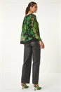 Green Floral Mesh Overlay Stretch Top, Image 3 of 5