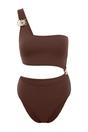 Brown WOVCOR Brown Asymmetric Cut Out One Shoulder Swimsuit with Hardware Detail, Image 1 of 3